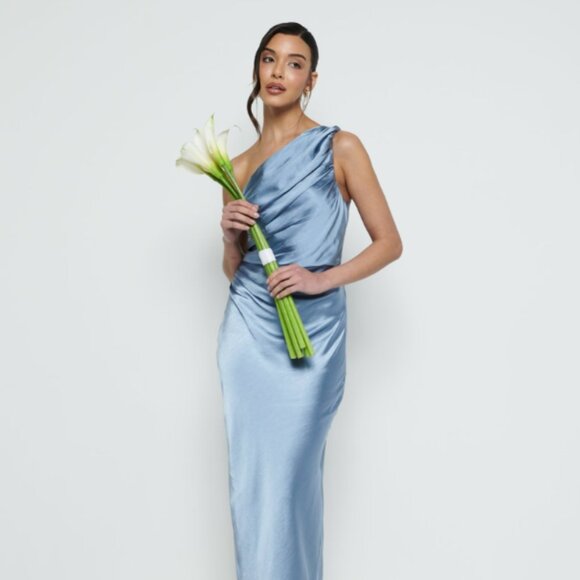 Pretty Lavish | Juliet Ruched Maxi Bridesmaid Dress in Dusty Blue - Picture 1 of 5